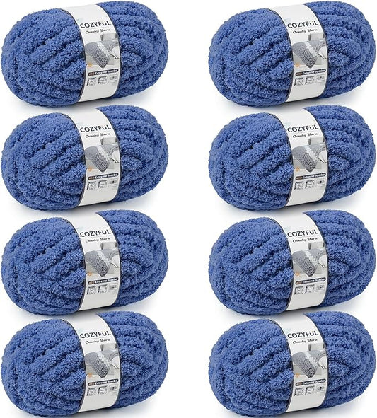 Chunky Yarn for Hand Knitting - #10 Chunky Chenille Yarn, Jumbo Big Thick Chunky Yarns for Crocheting, Super Bulky Chunky Knit Blanket Yarns, 8 Skein (25 yds 8 oz Each Skein), Country Blue