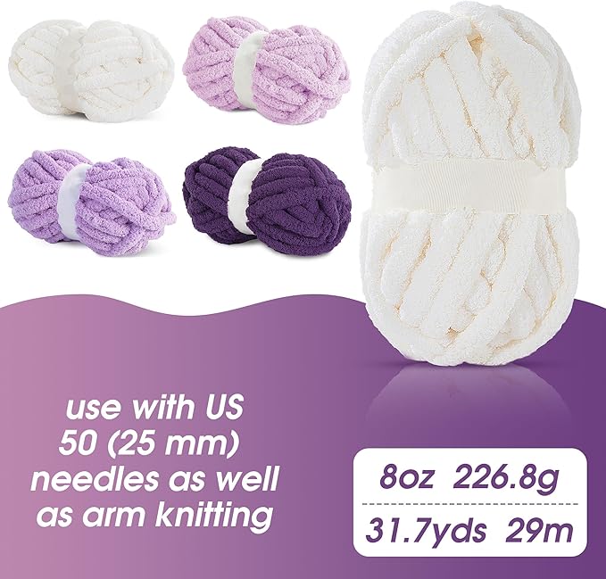 MABOZOO Assorted Chunky Yarn for Crocheting - 8 Pack Fluffy Jumbo Chenille, Soft Plush, Giant Thick Fuzzy Yarn - Purple Multi (31.7 yds, 8 oz Each Skein)