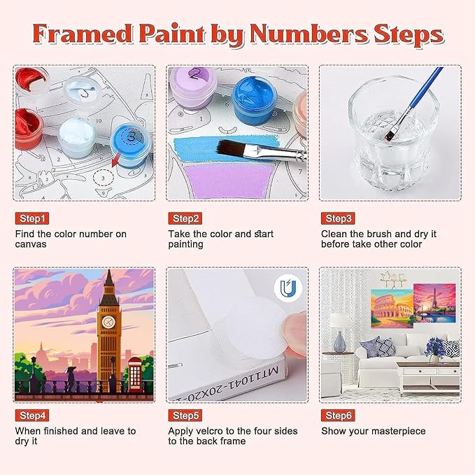 Canrichshop 6 Packs Paint by Numbers Kit for Adult Framed,City Landscape DIY Paint by Number on Canvas with Wooden Easel,Acrylic Oil Famous Buildings Painting Kit Adults for Decor 8x8inch
