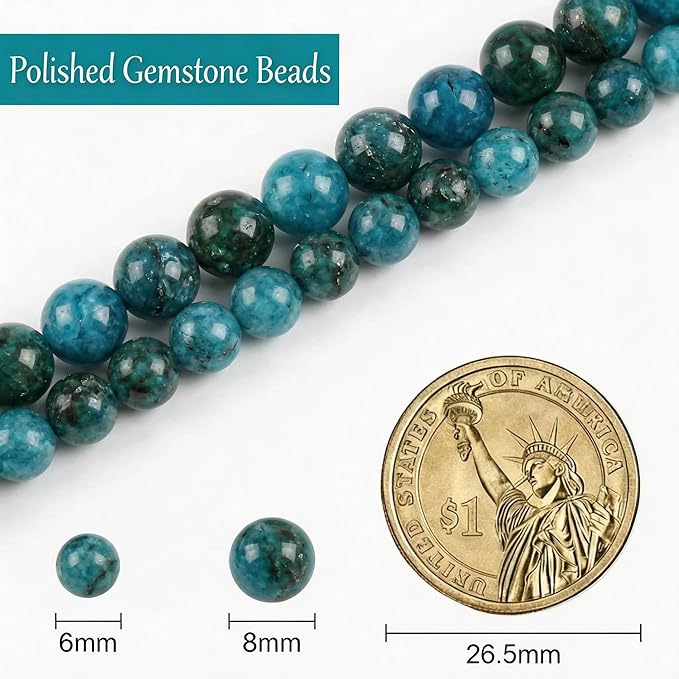 Stone Beads, 60pcs Blue Apatite, 6mm Round Loose Beads for Jewelry Making, Bracelets, with Bag, String & Card
