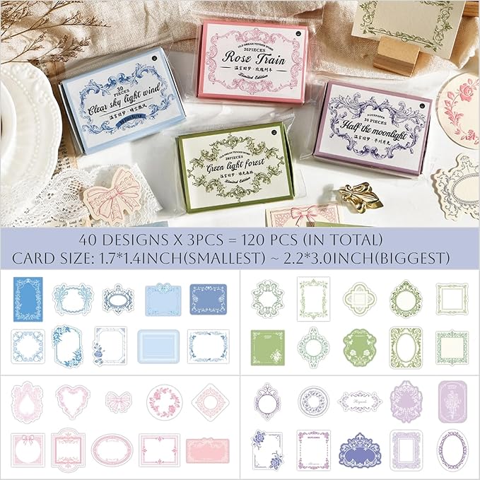 120Pcs Vintage Scrapbook Decorative Paper Set, Embossed Pattern Small Writing Notes Paper Blank Card 4 Boxes for Scrapbooking Junk Journaling Card Making Gift Tags Labels Non-Sticky