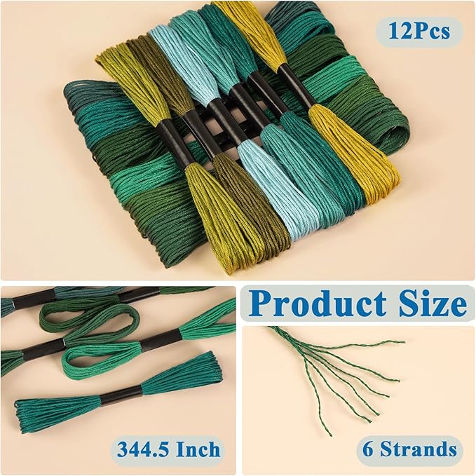 Friendship Bracelet String, 12 Skeins Green Series Cross Stitch Thread, 344.5 Inch Cotton Embroidery Floss, Hand Embroidery Thread for DIY Sewing and Embroidery Crafts Making