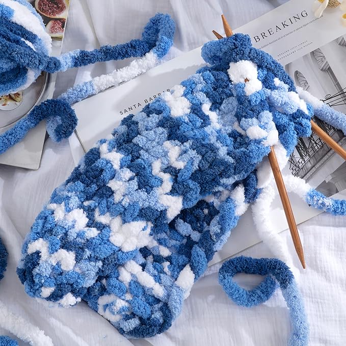 HOMBYS Chunky Tie Dye Mix Chenille Yarn for Hand Knitting, Super Bulky Jumbo Yarn for Crocheting, 3/4" Thick Soft Plush Yarn for Blankets, 8 Skein Pack (26 yds / 7.5 oz Each) Blue, White