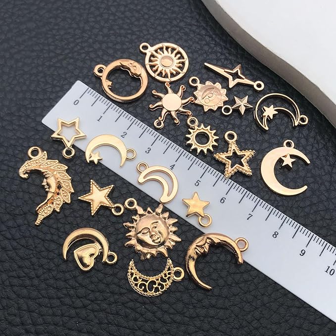 WOCRAFT 60pcs KC Gold Sun Moon Star Charms Bracelet Charms for Jewelry Making Sets DIY Necklace Bracelet Keychain Crafting Charms Kit Craft Supplies (SN836)