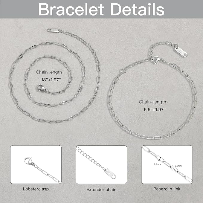 Swyabi 20 Pack Stainless Steel Paperclip Chains Link Adjustable Necklace Bracelet Bulk for Men Women DIY Bracelets Crafts