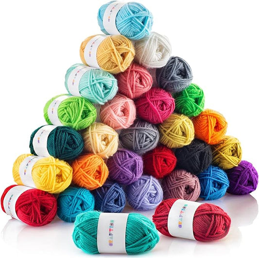 craftiss 30 of 20g/0.7oz acrylic yarn mini skeins - 1300 yards of soft yarn for crocheting and knitting craft project, assorted starter crochet bulk kit for adults and kids