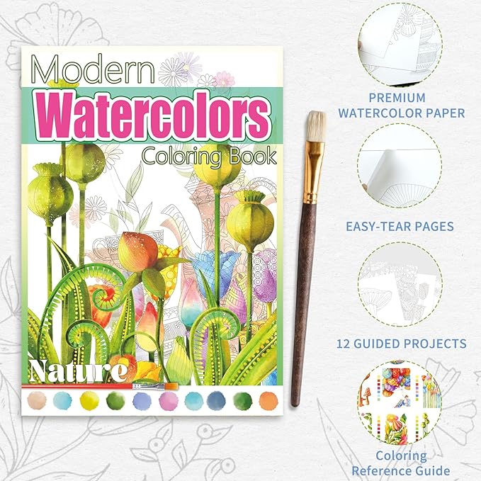 Watercoloring Book, A4 Water Coloring Book Paint Book Beginner Friendly - Watercolor Coloring Books for Adults, 12 Pre-Printed Designs on 180GSM Cold Press Paper, (Without Paint or Brushes) - Nature
