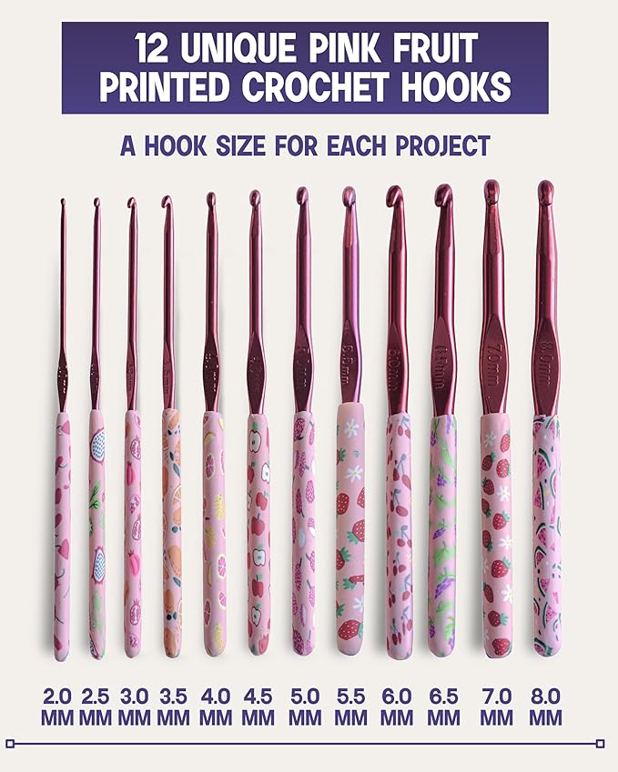 The Quilted Bear Pink Fruit Crochet Hook Set - 12 Ergonomic Soft Grip Crochet Hooks Set with Light Polymer Clay Handle for Comfortable Crocheting & Knitting (2mm-8mm)