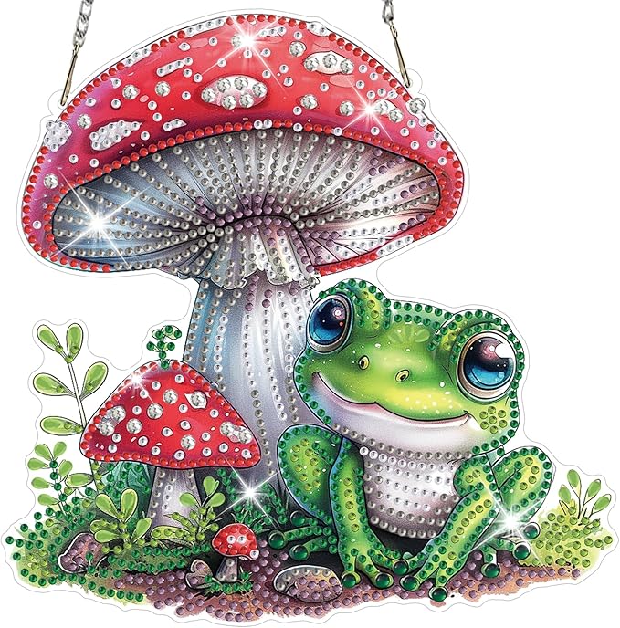 HEIBAGO Frog Diamond Art Hanging Kits for Adults, Mushroom Diamond Art Suncatchers, 5D Special Shape Diamond Painting Pendant,DIY Window Ornament Gifts for Home Garden Door Wall Decor 8.3 x 8.3In