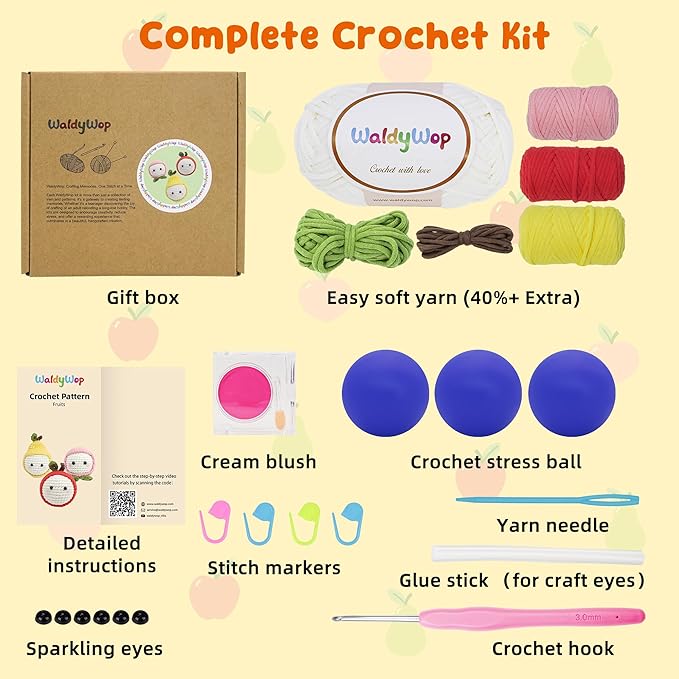 WaldyWop Crochet Kit for Beginners: 3PCS Fruit Squishies Knitting Kits, DIY Craft Kits for Adults w/Video Tutorials & Soft Yarn, Hook - Hobbies Starter Kit for Girls (13+, Birthday Gifts Set for Women
