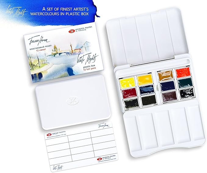White Nights Professional Watercolor Set – 12 Full Pans of Extra Fine Artist-Grade Pigments, Vibrant Lightfast Colors, Portable Durable Plastic Box by Nevskaya Palitra