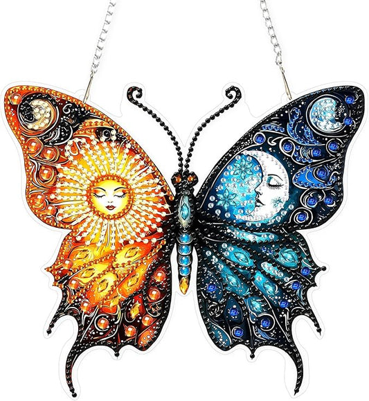 Lxmsja DIY Sun Moon Diamond Painting Hanging Ornament, Double-Sided Acrylic Butterfly Diamond Art Kit, Special Shaped Drill Pendant Window Art Kit, Suncatcher Hanging Craft Decoration 7x8 inch