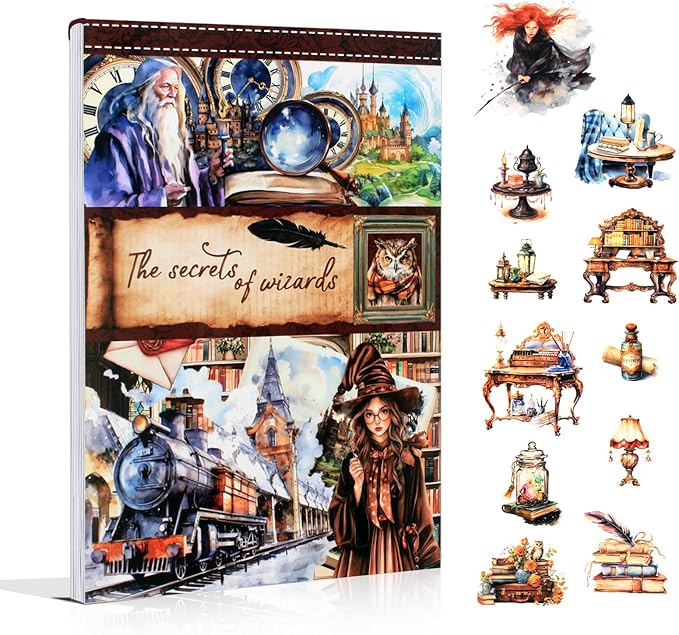 The Secrets of Wizards Sticker Book for Journaling Collage, 20 Sheets Precut Transparent PET Washi Matte Paper Materials Stickers for Scrapbooking, Junk Journal Supplies, Planner