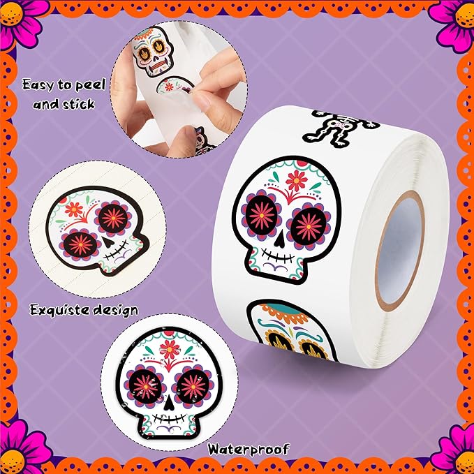 beyumi sugar skull roll stickers - 1000pcs day of the dead stickers in 2 rolls dia de los muertos sugar skull waterproof vinyl decals halloween mexican festival party supplies classroom decor