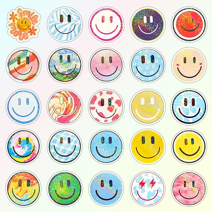 wercokt 50pcs smiling glitter stickers, cute water bottle stickers for kids, for teaching rewards, notebooks, stationery, luggage, cartoon pvc happy sticker