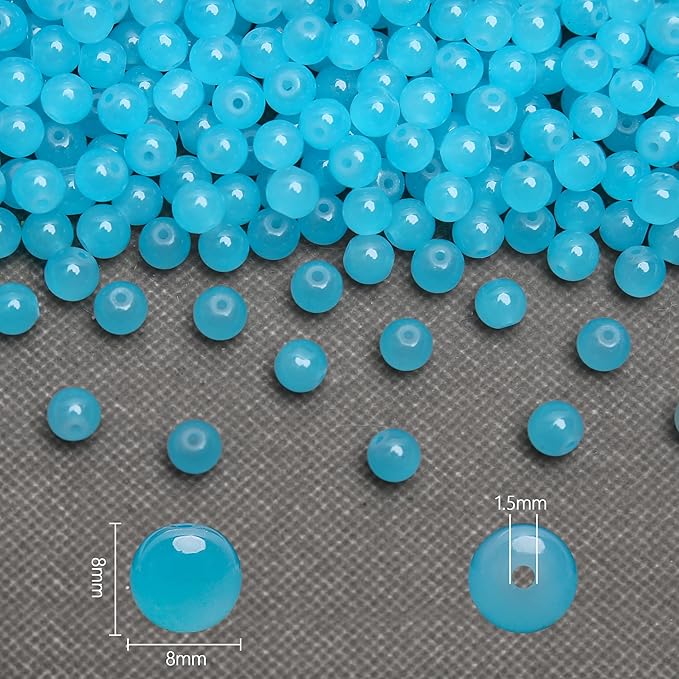 200PCs 8mm Aquamarine Jade Glass Beads Bulk, Round Smooth Hole Glass Crystal Beads for Jewelry Making, DIY Bracelets, Necklaces, Bag Charms, Keychains and Craft Projects