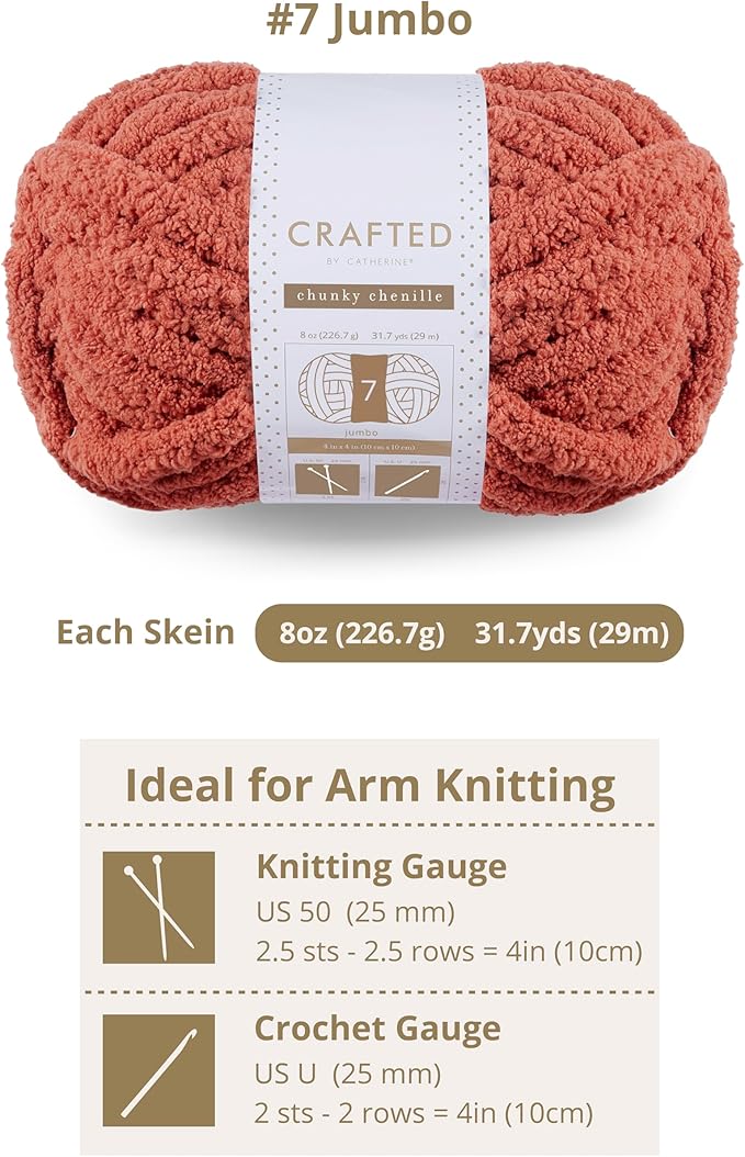 Crafted by Catherine Chunky Chenille Yarn - 8 Pack (8 oz / 227 g, 31.7 Yards Each Skein), Clay, Gauge 7 Jumbo