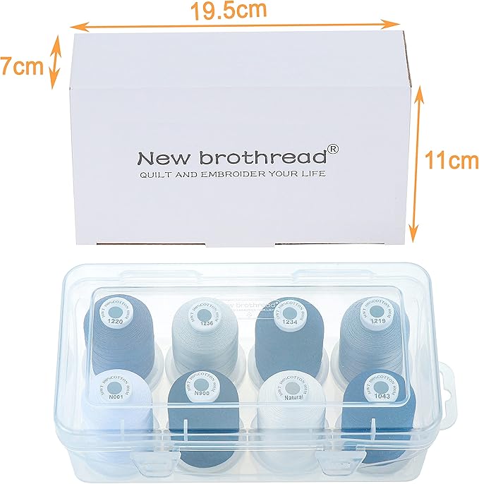 New brothread - 18 Options - Multi-Purpose 100% Mercerized Cotton Thread 50S/3 600M Each Spool for Quilting, Serger, Sewing and Embroidery - 8xMonochrome with Clear Plastic Storage Box