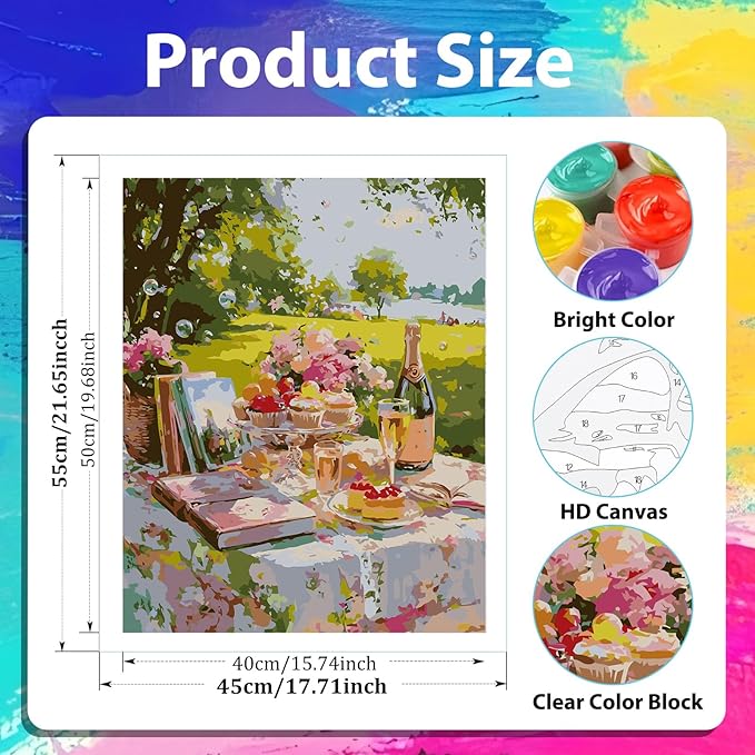 xcemhil Picnic Paint by Numbers Kit for Adults Beginner, Picnic Paint by Numbers for Adult, Acrylic Paint by Number Kits Suitable for Home Wall Art Decor Gifts 16x20 Inch