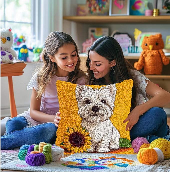 DIY Latch Hook Pillow Kits for Adults Cute West Highland Terrier Dog Printed Pillowcase Crochet Yarns Hooking Handmade Pillow Cover Cushion for Home Sofa Decoration 17x17inch-50