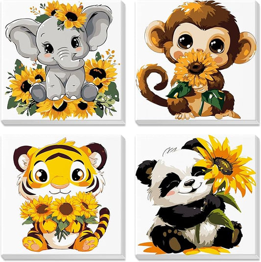4 Pack Paint by Number for Kids with Wooden Frame, Cartoon Paint by Numbers for Kids Ages 8-12, Elephant, Monkey, Tiger, Panda, DIY Acrylic Oil Painting for Beginners for Home Wall Decor 8X8 inch
