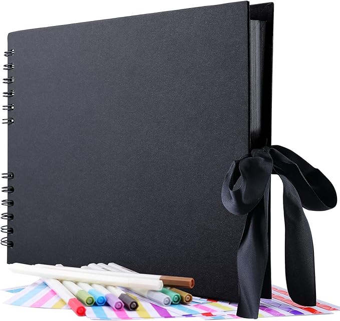 GOTIDEAL 80 Pages Scrapbook Album with 10 Metallic Markers,Craft Paper Photo Album for Wedding and Anniversary, Family DIY Scrapbook Accessories with Scrapbooking Stickers Corners(Black)…