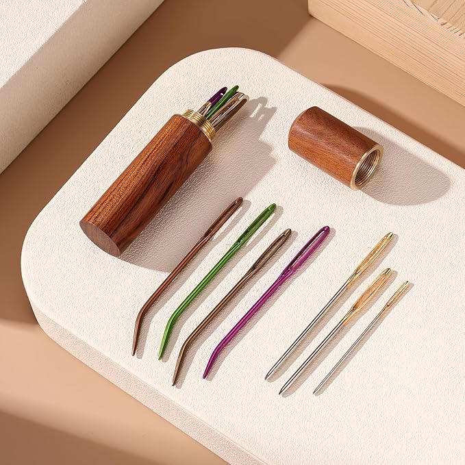 17pcs Large Eye Sewing Needles Kit with Wooden Case, Large Eye Blunt & Bent Tapestry Steel Yarn Needles Darning Needlepoint Supplies Embroidery Tools for Hand Knitting & Crochet Projects