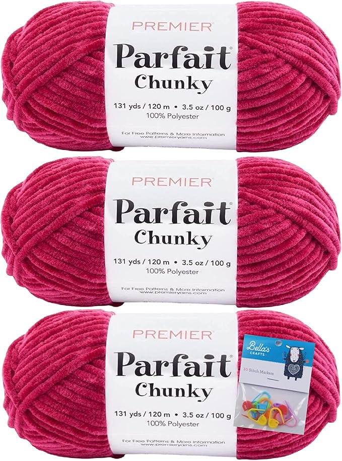 Premier Yarns Parfait Chunky Chenille Yarn 3.5 Oz 6 Super Bulky Weight 3 Pack Bundle with Bella's Stitch Place Holders (Very Berry)