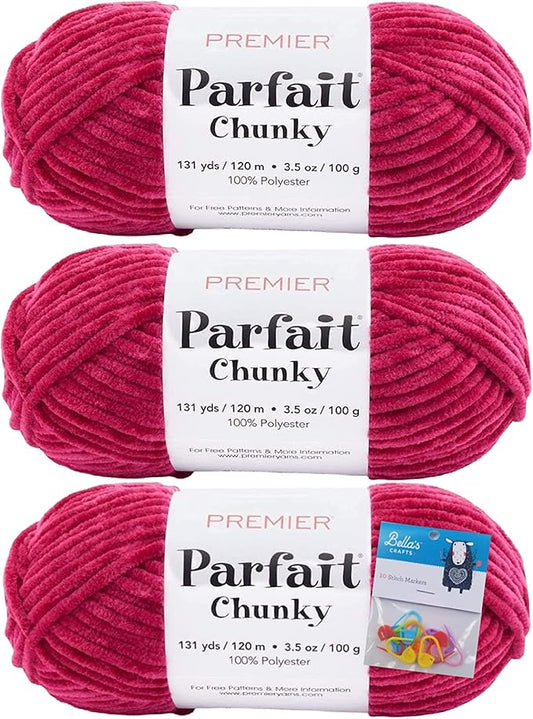Premier Yarns Parfait Chunky Chenille Yarn 3.5 Oz 6 Super Bulky Weight 3 Pack Bundle with Bella's Stitch Place Holders (Very Berry)