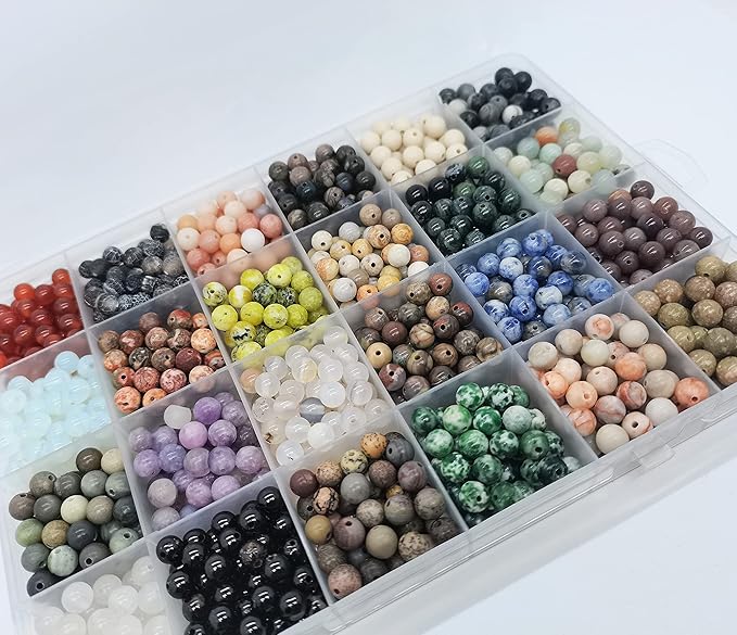 Yephac 1200pcs 6mm Natural Round Stone Beads - Gemstone Loose Beads Hole Size 1mm for Bracelet Necklace Earrings Jewelry Making, Box Packed (24 Material-2, 6mm)