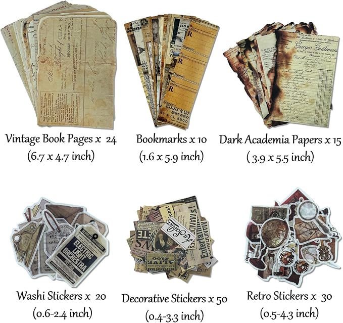 Vintage Aesthetic Scrapbook Supplies Kit with Scrapbook Paper, Stickers, Bookmarks for Scrapbooking, DIY Albums, Junk Journals, Bullet Journals, Dark Academia Aesthetic Decor (Dark3 149 Pcs)