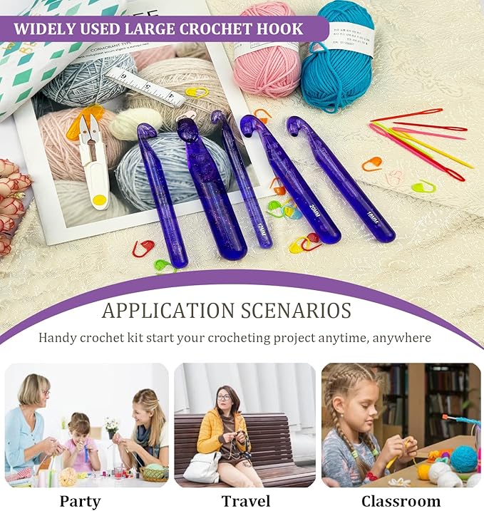 Weabetfu 5 Large Crochet Hook,25mm 20mm 18mm 15mm 12mm Size Crochet Hook, Large Crochet Hook for Chunky Yarn,24PCS Big Crochet Hook,10mm-25mm Crochet Hook with Case(Purple)