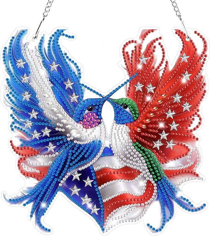 Bowetile Independence Day Birds 5D Diamond Art Hanging Kits for Adults, 4th of July Diamond Painting USA Window Pendant Kits, Special Shape Gem Art Suncatcher Ornament for Home Garden Wall Decor
