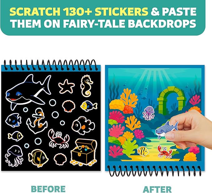 Scratch Craft for Kids – 30 Magical Fairy Tales Scratch-Off Pictures & 130+ Stickers – Craft Kits, DIY Supplies – Arts & Crafts Gifts for Boys & Girls Ages 3, 4, 5, 6, 7, 8