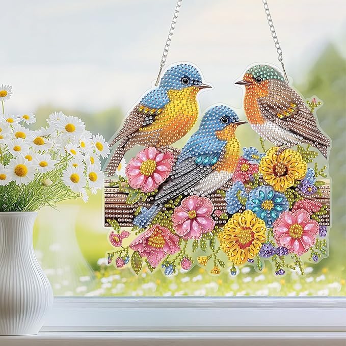 Hanging Diamond Art Kit for Adult, Nature Birds, 5D Special Shaped Rhinestone Diamond Painting Ornament, Bird and Flowers, DIY Acrylic Diamond Art Painting Window Pendants Home Garden Wall Decor