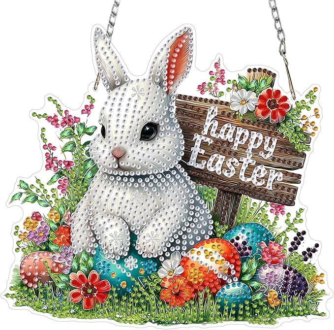 MXJSUA Diamond Art Hanging Kits for Adults Beginners, DIY Acrylic 5D Special Shaped Crystal Diamond Gem Art Painting Hanging Ornament for Home Wall Decor and Gift (White Easter Bunny)