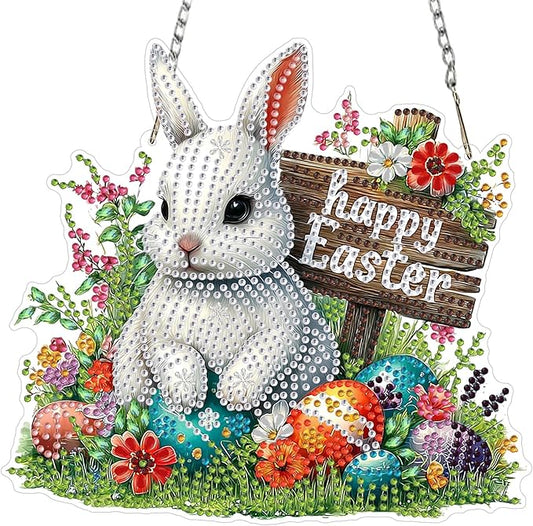 MXJSUA Diamond Art Hanging Kits for Adults Beginners, DIY Acrylic 5D Special Shaped Crystal Diamond Gem Art Painting Hanging Ornament for Home Wall Decor and Gift (White Easter Bunny)