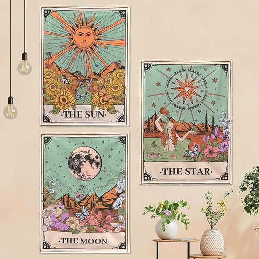 aipon tarot tapestry cute tarot card tapestries 3 pack sun moon star green floral flower small aesthetic tapestry wall hanging for bedroom living room dorm (20'' × 27'')