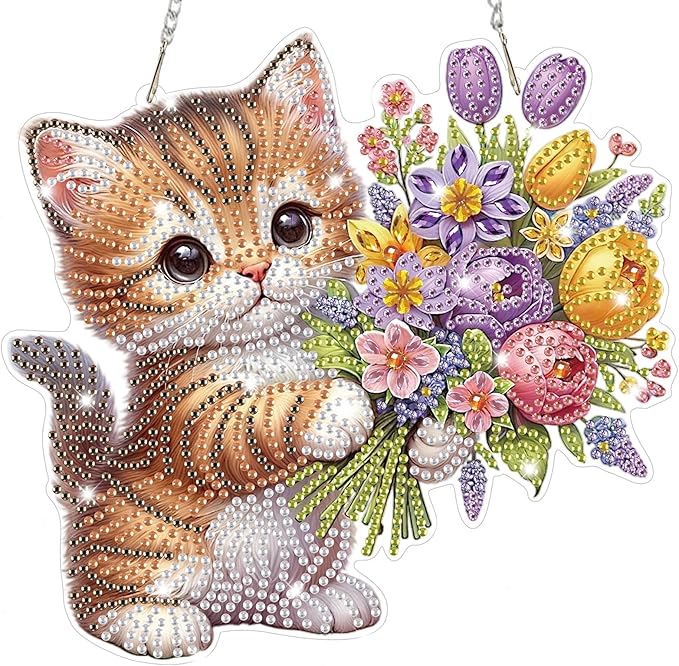 Bowetile Cat Diamond Art Hanging Kits for Adults, Diamond Art Suncatchers Flowers, 5D Special Shape Diamond Painting Pendant Window Ornament Valentine's Day Gifts for Home Wall Decor