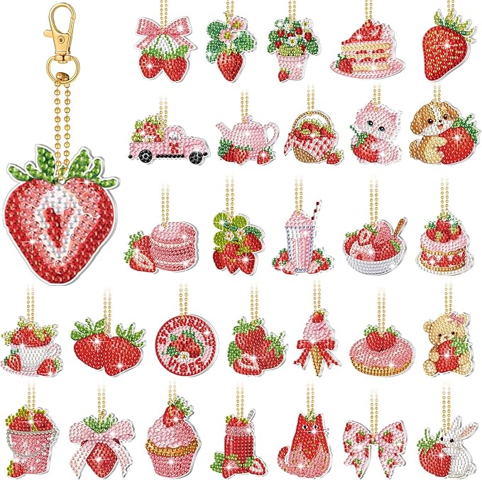 Huquary 30 Pcs Diamond Painting Keychains Strawberry Diamond Art Berry Party Crafts Favor 5d Double Sided Keychains for Adult Beginner DIY Crafts Party Gift