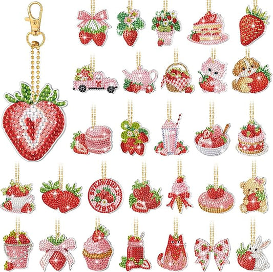 Huquary 30 Pcs Diamond Painting Keychains Strawberry Diamond Art Berry Party Crafts Favor 5d Double Sided Keychains for Adult Beginner DIY Crafts Party Gift