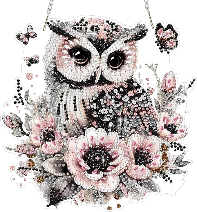 MEIYUDA Owl Diamond Art Hanging Kits for Adult, Flowers Owl Diamond Painting Hanging Kits Ornaments, DIY Special Shaped Rhinestone Window Pendants Kit for Home Garden Wall Decor Gift