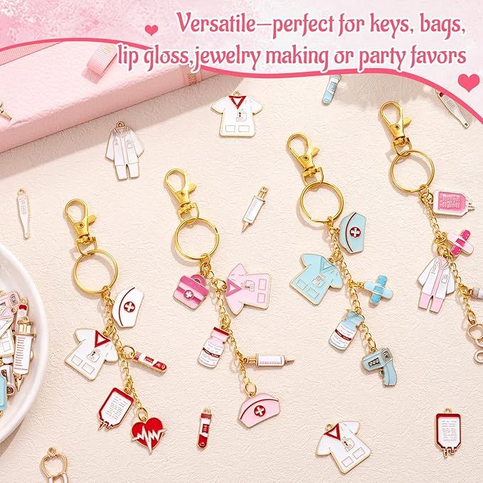 254 Pcs Medical Nurse Lip Gloss Keychain Charms Making Kit Include Assorted Stethoscope Enamel Charms Keychain Clips Extender Chains Jump Ring Plier DIY Jewelry Craft Gifts for Women Adults
