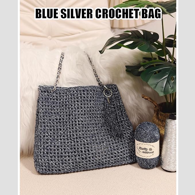 Herally Crochet Kit DIY for Beginners - Include Yarn, Hook and Accessory - with Step by Step Video Tutorials - Shining Tote Bag (Navy Blue)