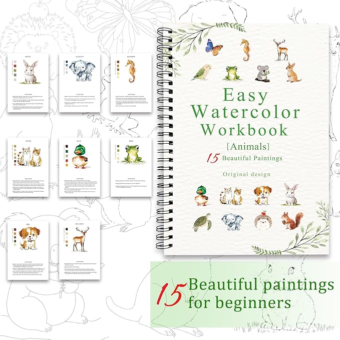 Watercolor Workbooks, 16 Colors Water Color Books Paint Set for Adults, Watercolor Coloring Book for Beginners, Water Color Workbook, 15 Beautiful Paintings for Beginners (Animals)