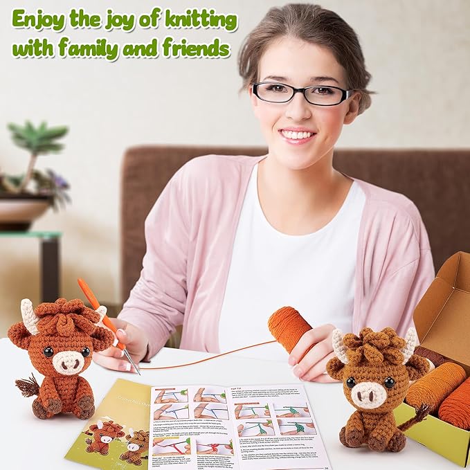 Highland Cow Crochet Kit for Beginners - 2PCS Animals Crochet Kit with Step-by-Step Video Tutorials, Highland Cows Crocheting Kit, Crochet Starter Kit for Adults, Animal Knitting Kit for Birthday