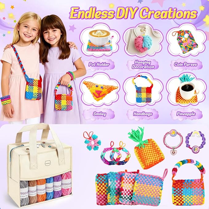 MIAOKE 633 Pcs Weaving Loom Kit with Pompom Maker,Knit Hat Scarf Knitting Loom Kit,Includes Storage Bag, Binding Needles, Colored Craft Rings, Yarn and Crochet Hooks, Knitting Loom Kits for Beginner