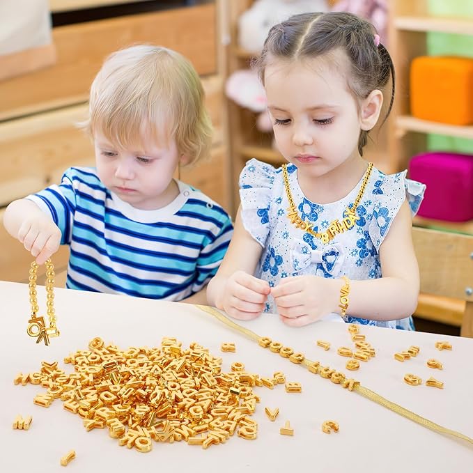 Augshy 700Pcs Gold Large Letter Beads,A-Z Mixed Big Alphabet Shape Beads for Jewelry Making Bracelets Necklaces Key Chains Shoelaces Crafts Party Decor(9 x 12 mm)