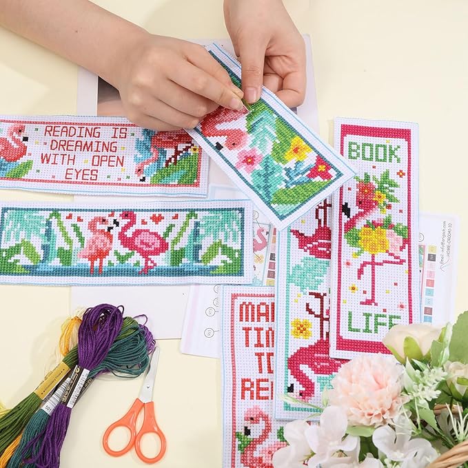 ORIGACH 6 Pcs Cross Stitch Bookmark Kit for Beginner Flamingo Bird Pattern Stamped Embroidery Stitch Kits for Starter DIY Bookmarks Printed Cross Stitch Kits for Book Lovers