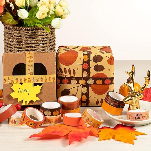Whaline 12 Rolls Fall Washi Tape Thanksgiving Autumn Maple Leaves Pumpkin Gnome Masking Washi Tape 15mm Thanksgiving Harvest Decorative Tape Sticker for Scrapbook Journal DIY Craft Gift Wrapping